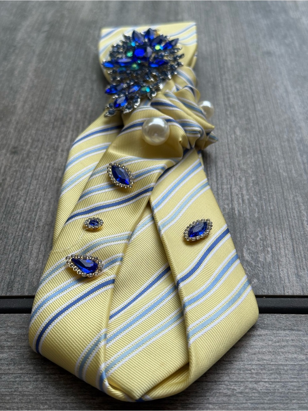 Yellow Striped Men’s Tie Necklace with Blue Crystal Accents